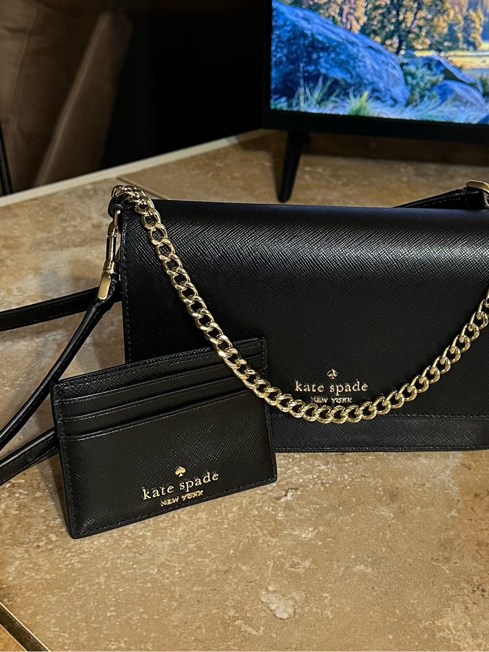 kate spade Black Leather Crossbody with Gold Chain and Card Holder
